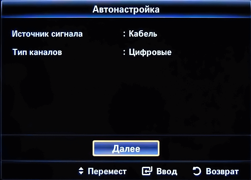 налаштування ЦТБ (меню Джерело сигналу - Кабель)